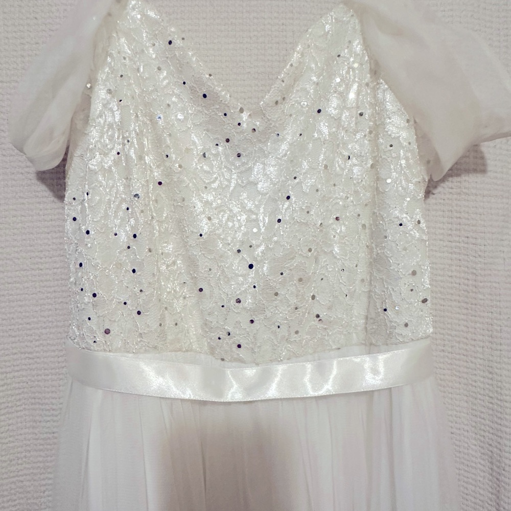 Candalite white sequins dress, off shoulder with sheer skirt, white liner